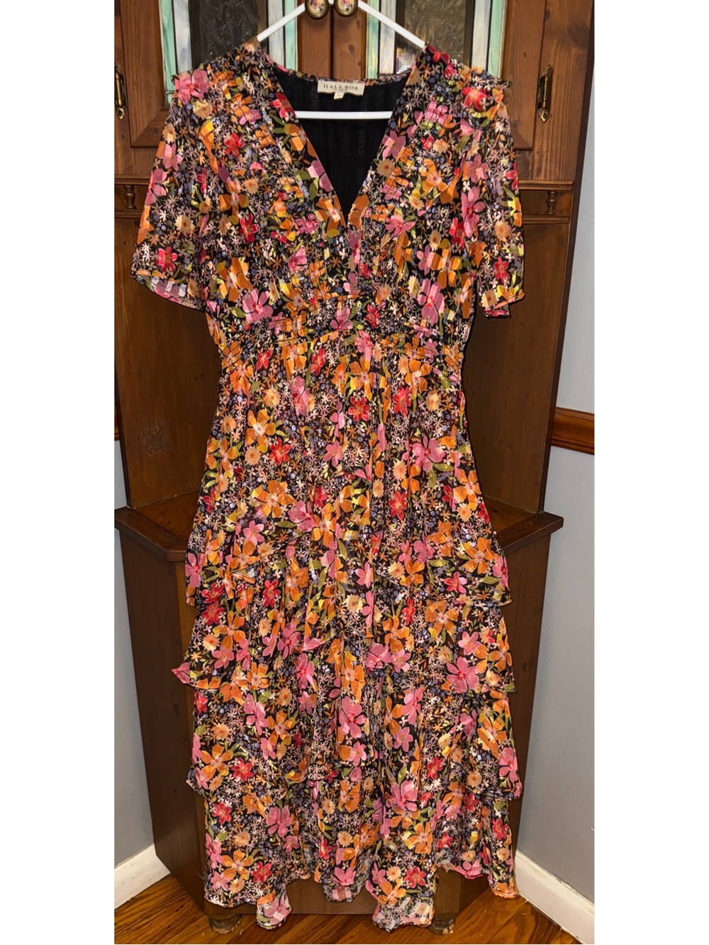 Hale Bob Floral Tiered V-Neck Midi Dress Multicolored Boho Ruffle Large